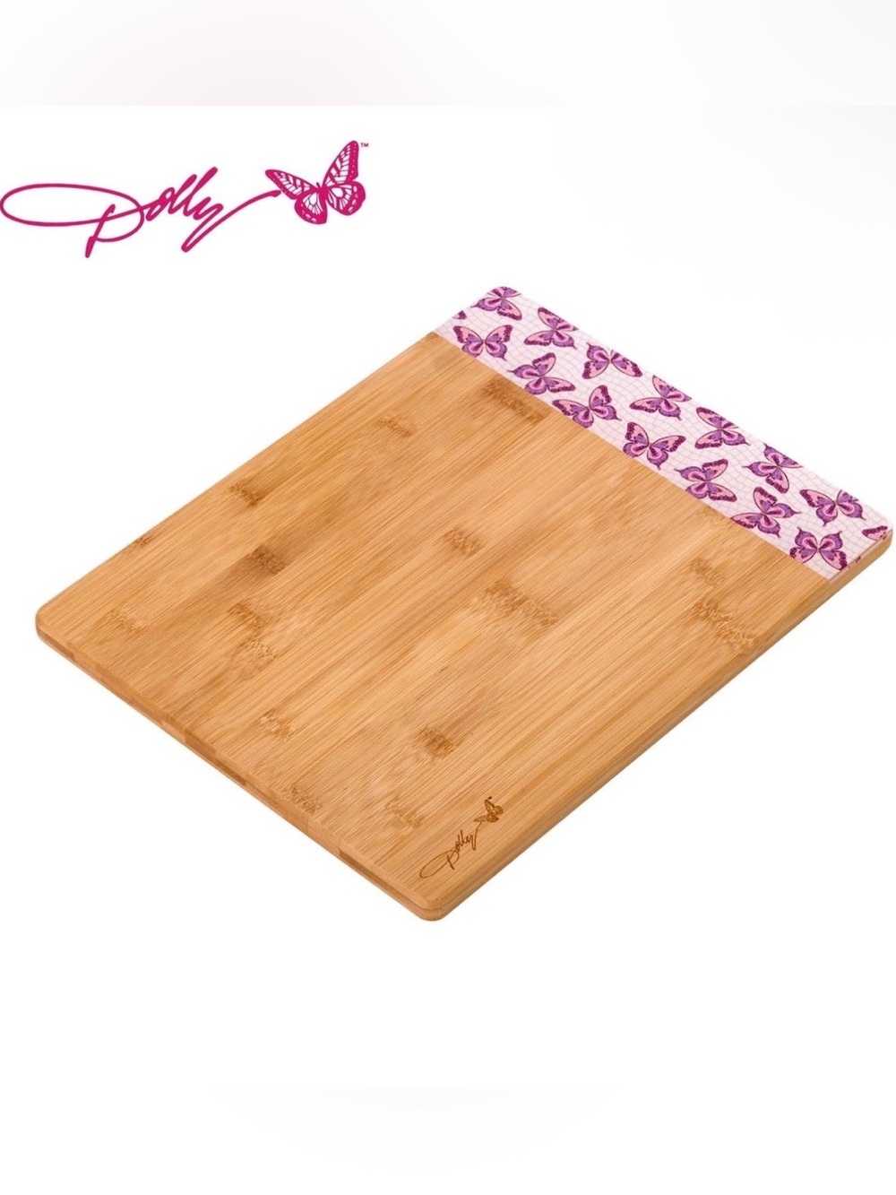 NWT Dolly Parton Bamboo Cutting Board with Pink Butterfly Print 11" × 14"